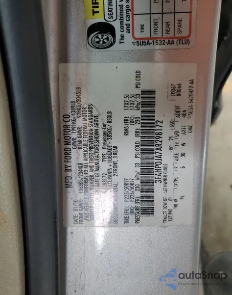 2010 Ford Fusion Sel from USA, damaged, VIN 3FAHP0JA7AR298172